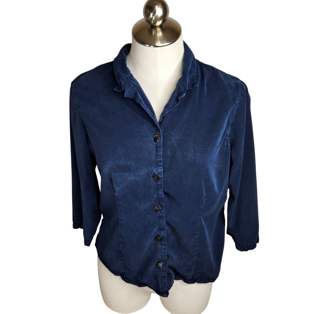 CMC Color Me Cotton 3/4 Sleeve Button Up Shirt Size Medium Blue Tencel Rayon USA
